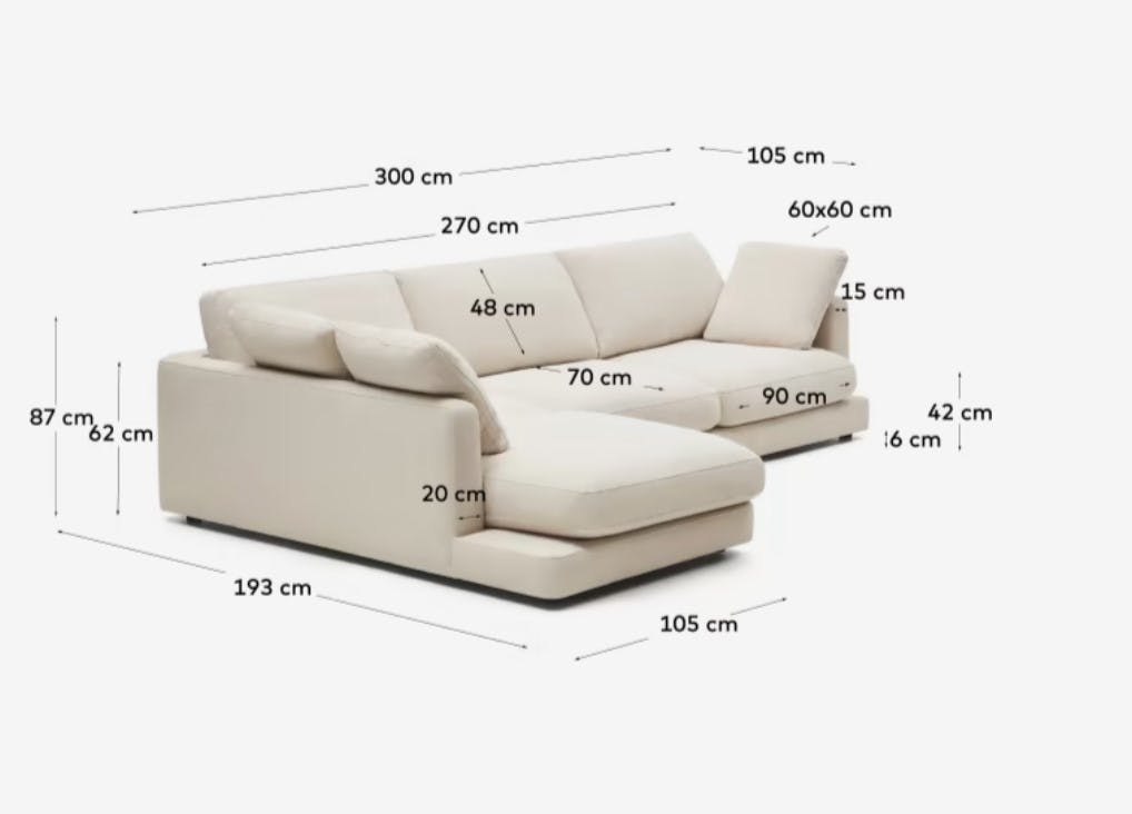 beiges Sofa L-Form rechts, Dimensionen beschrieben