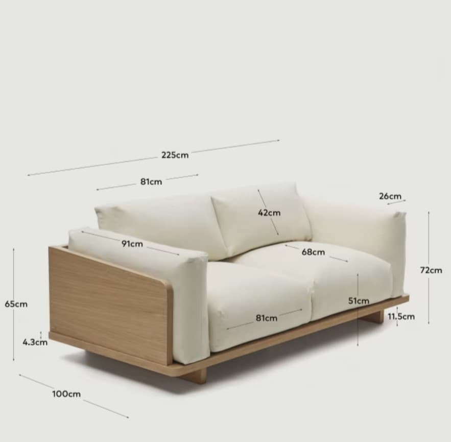 Sofa mit beigen Kissen und Holzgestell, Dimensionen beschrieben