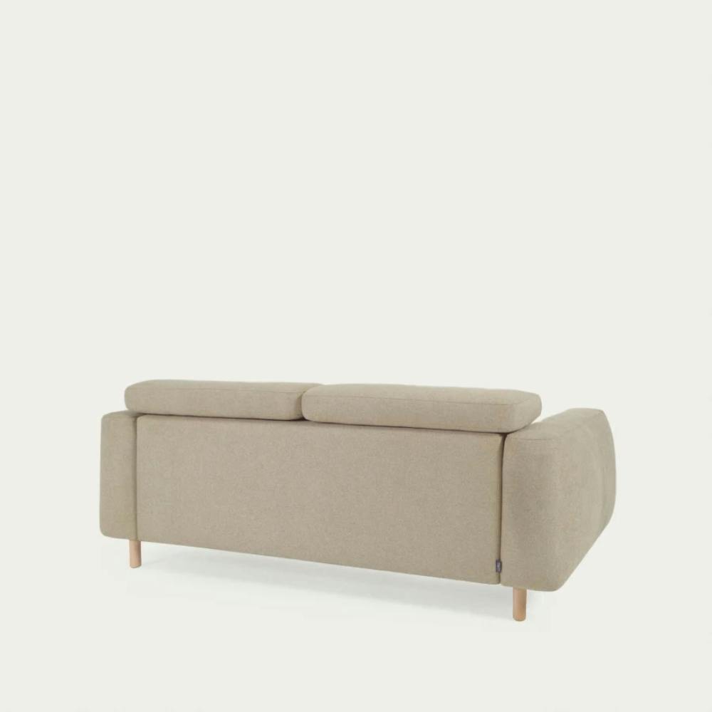 beiges Polster Sofa mit Holzbeinen, Ansicht von hinten