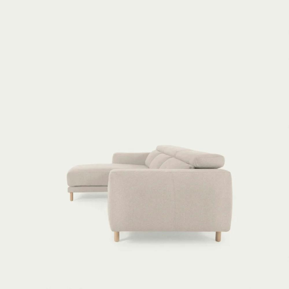 beiges Polster Sofa mit Holzbeinen L-Form, Seitenansicht