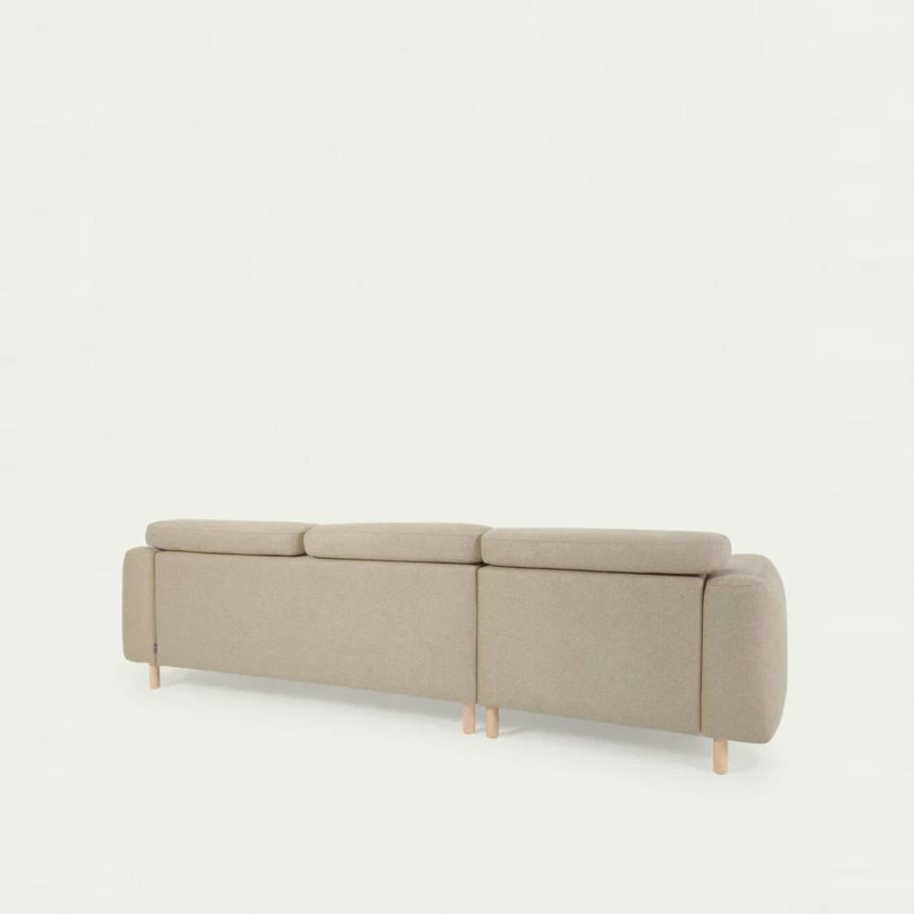 beiges Polster Sofa mit Holzbeinen L-Form, Ansicht von hinten