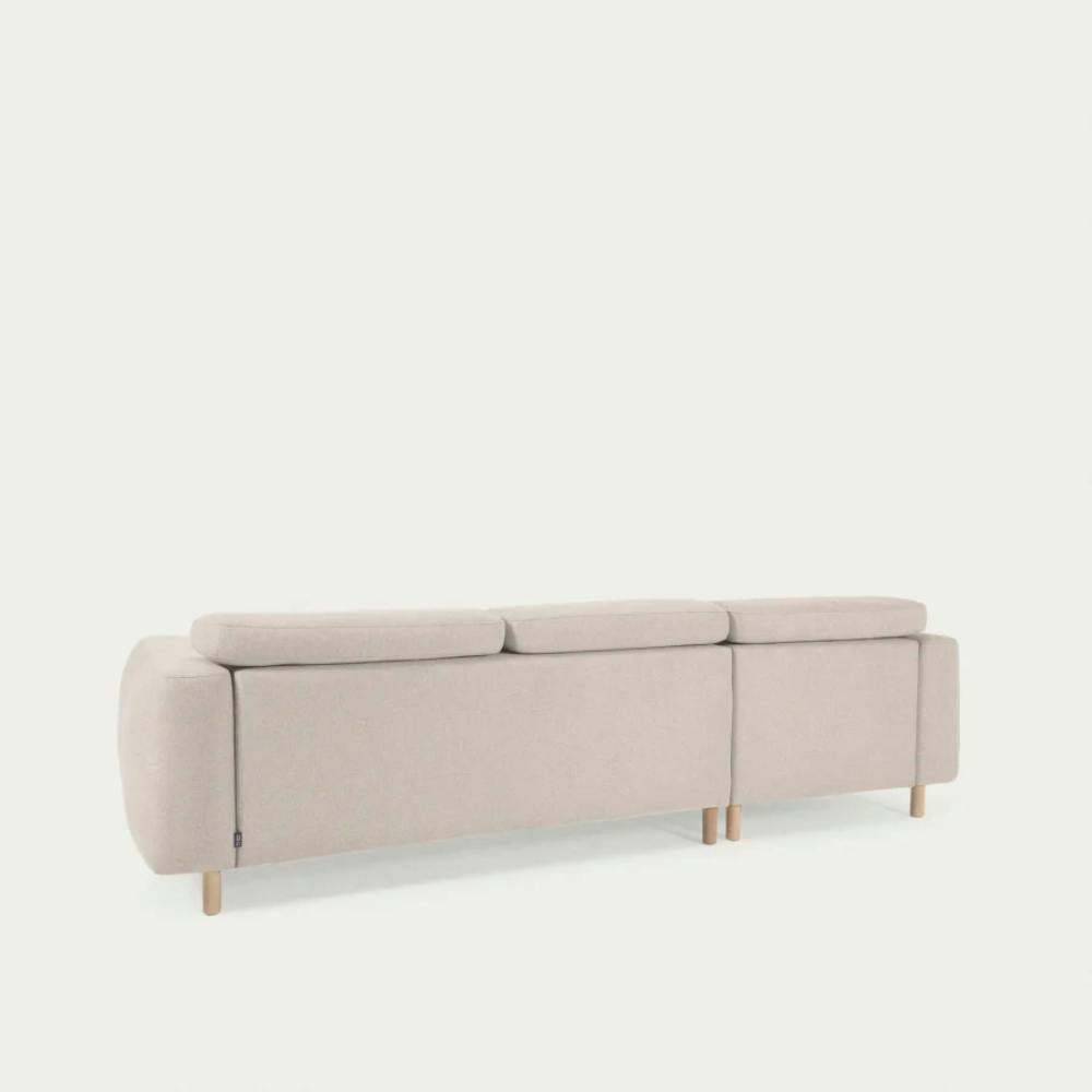 beiges Polster Sofa mit Holzbeinen L-Form, Ansicht von hinten