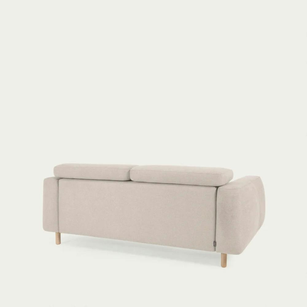 beiges Polster Sofa mit Holzbeinen, Ansicht von hinten