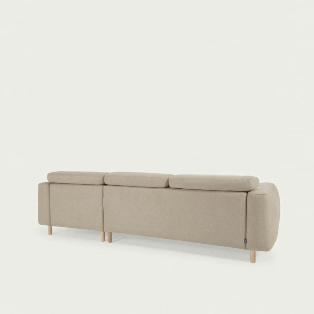 beiges Polster Sofa mit Holzbeinen L-Form, Ansicht von hinten